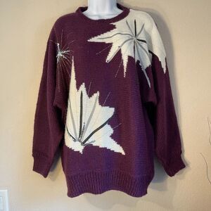 Maurada Vintage 80s 90s Oversized Sweater Purple Metallic Floral Raglan Sleeve